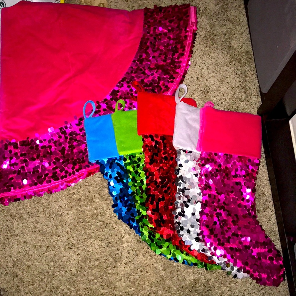 Sequin stockings with matching sequin tree skirt